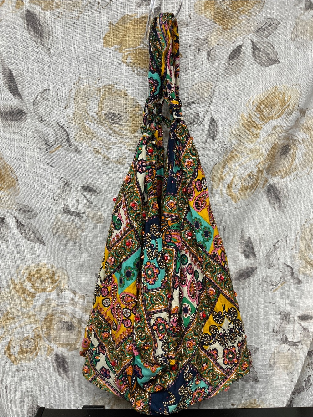 Anthropologie Slouchy Multicolor Patchwork Beaded Paisley Scarf Shoulder Bag
